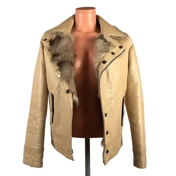 Y2K Fox Fur & Lambskin Leather Moto Jacket Reversible S